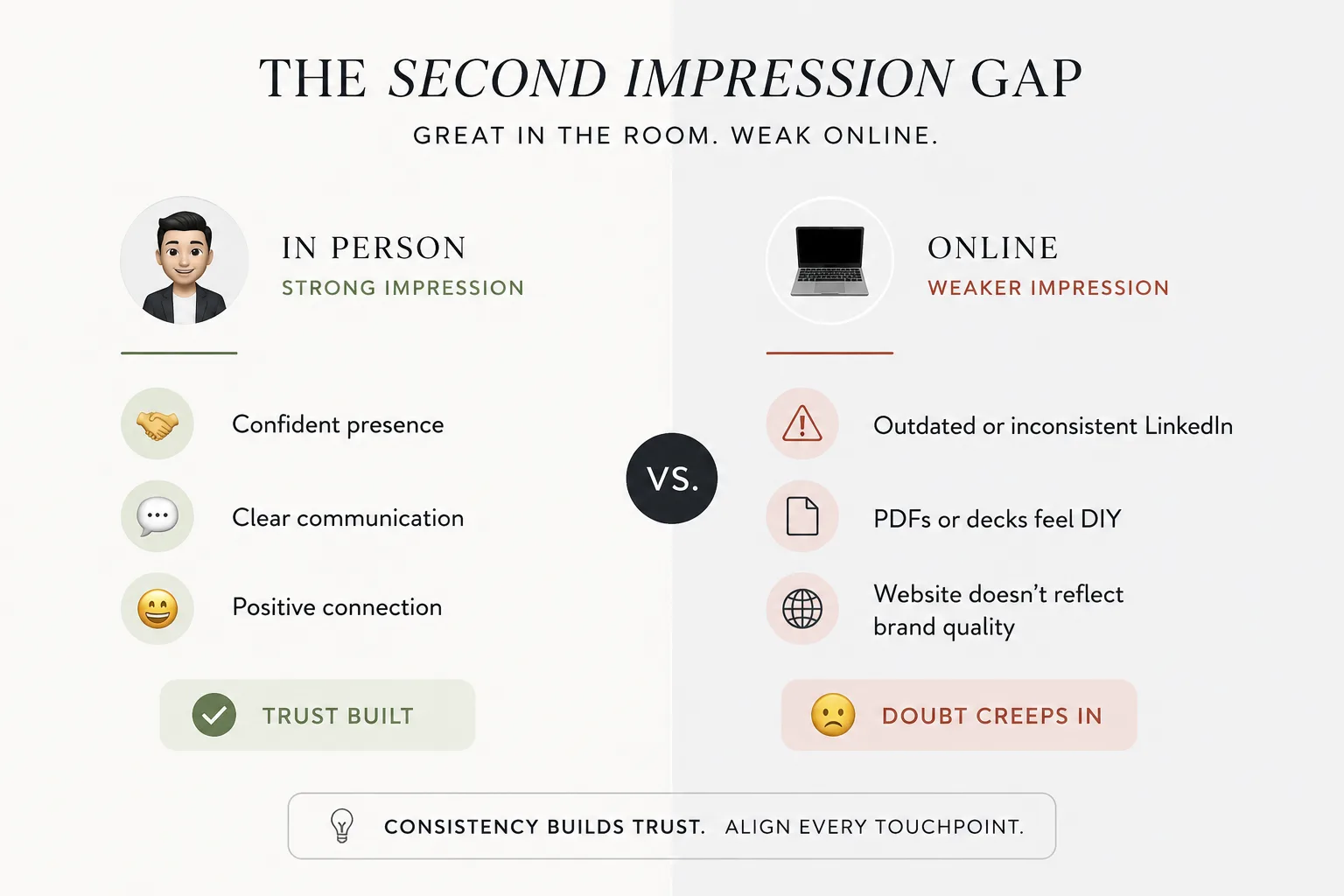 Side-by-side comparison showing in-person professional confidence versus inconsistent online brand presence, highlighting how strong communication in meetings contrasts with weaker digital impression across website and LinkedIn.