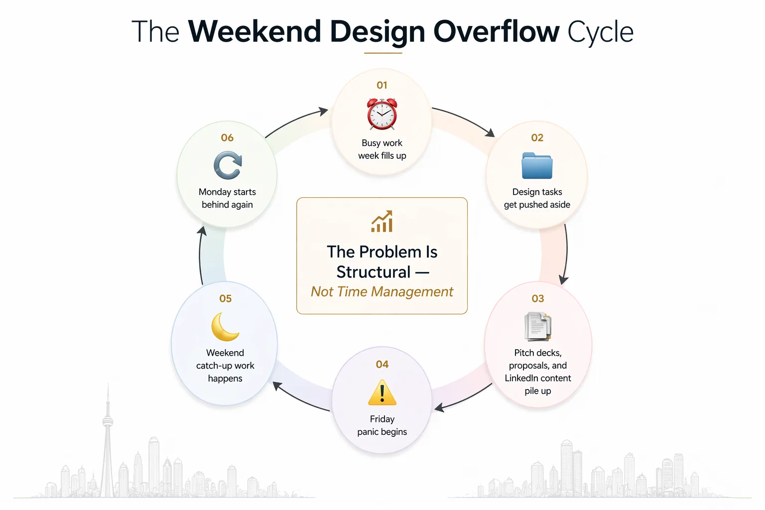 Marketing strategy infographic showing the “Weekend Marketing Overflow Cycle,” a circular diagram explaining how client work, design execution, and delayed marketing strategy lead to content backlog, weekend catch-up work, and stalled business growth. The visual highlights how execution replaces strategy, creating a structural marketing bottleneck that impacts positioning, messaging, and long-term revenue growth.