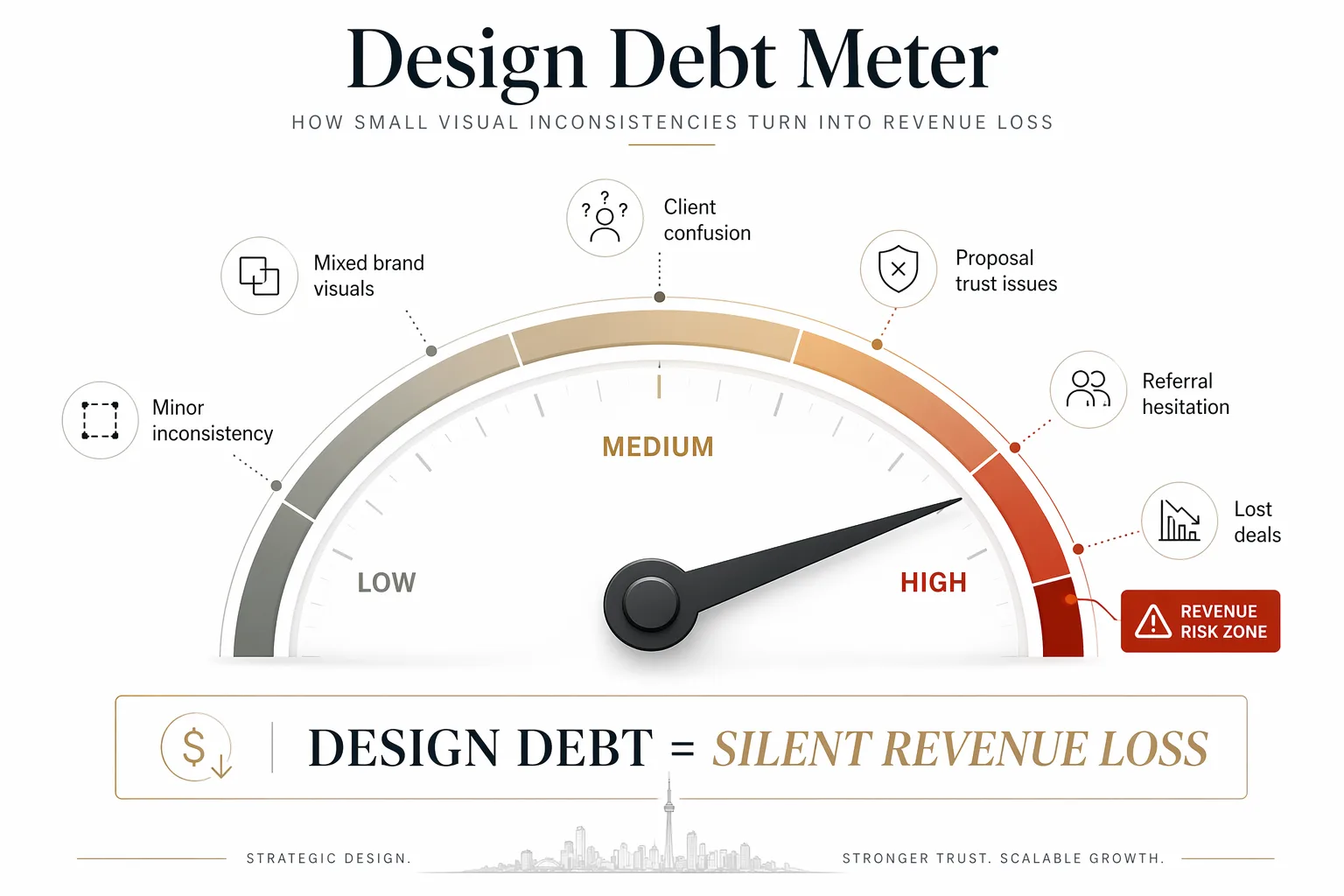 Infographic comparing weak visuals causing lost clients versus strong visuals driving higher conversions and trust.