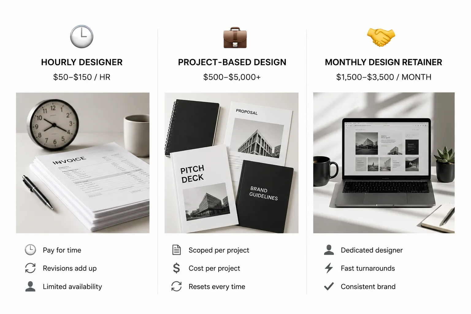 Comparison of hourly graphic design rates, project-based pricing, and monthly design retainer costs in Toronto for businesses seeking ongoing design support.