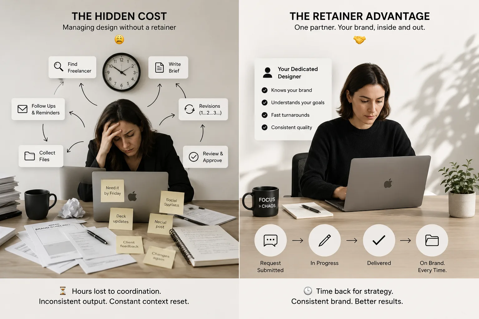 Marketing manager spending time coordinating freelance design projects compared with a dedicated monthly graphic design retainer model.