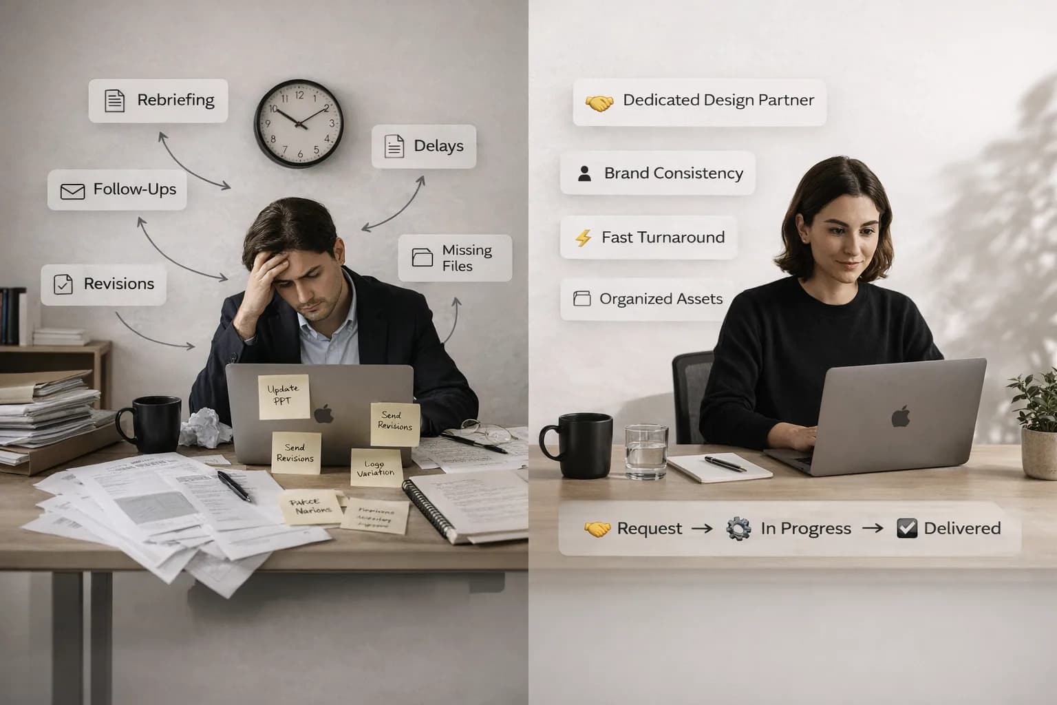 Professional services firm using a monthly design retainer with organized assets, consistent branding, and streamlined design support.