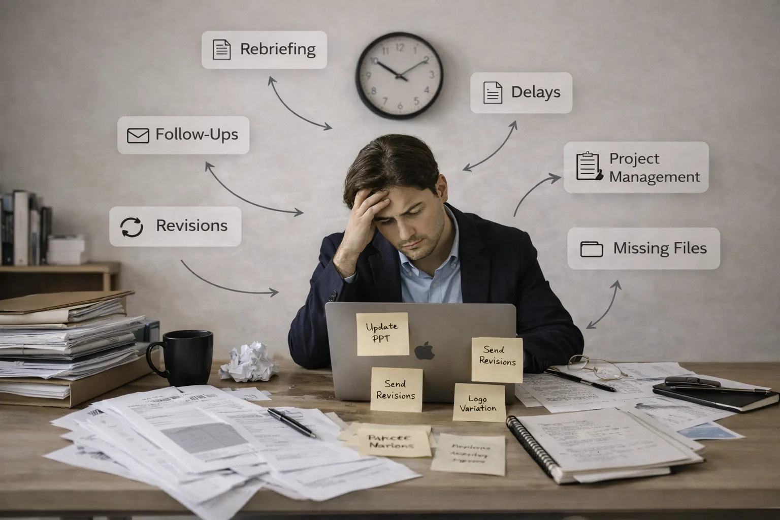 Business owner overwhelmed by design coordination, revisions, approvals, and file management associated with one-off freelance design projects.