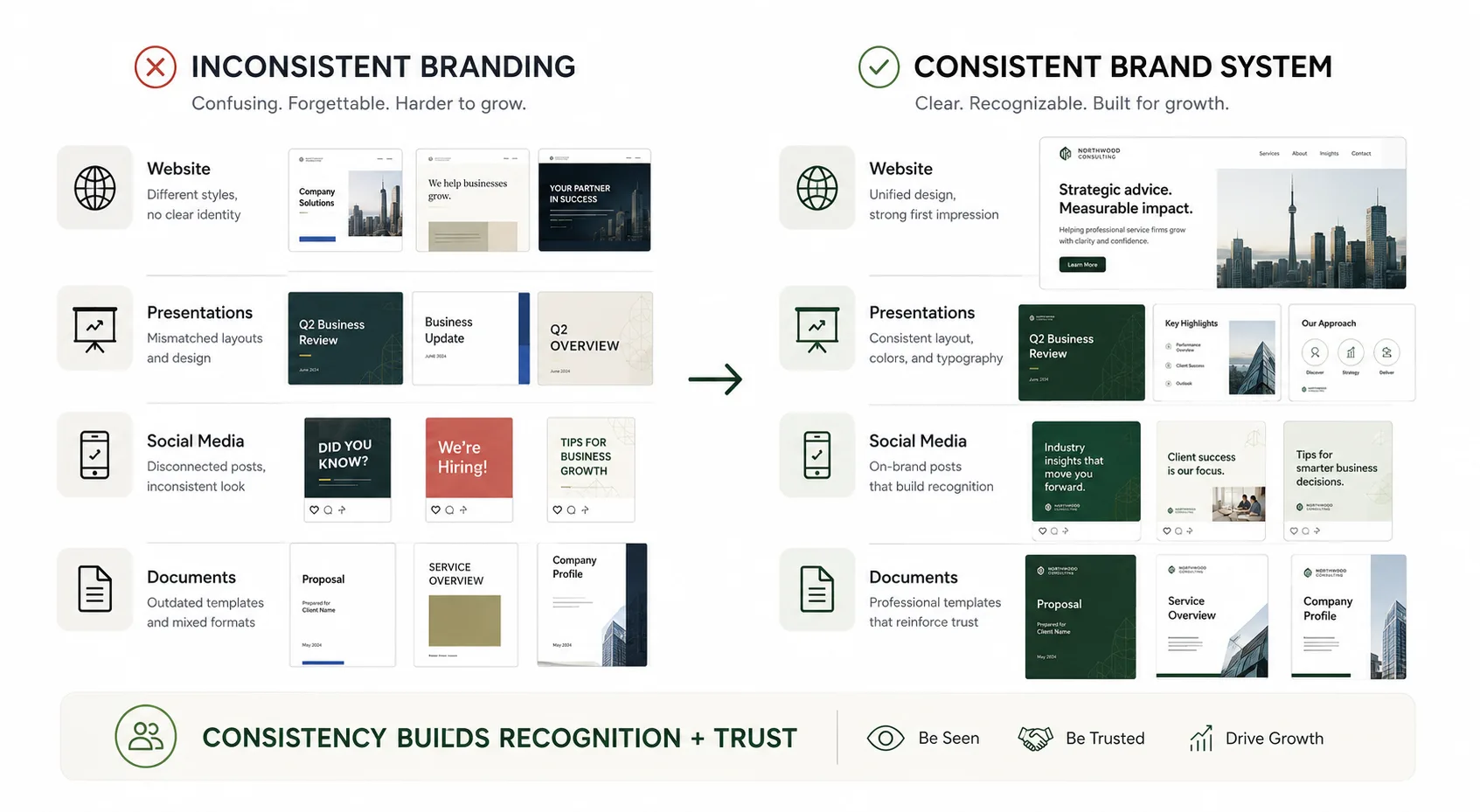 Infographic comparing inconsistent branding with a consistent brand identity system for professional businesses.